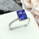 2.2ct Engagement Ring Emerald Cut Blue Sapphire Hidden Halo 14k WhiteGold Finish