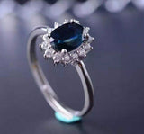 2.35ct Engagement Ring Oval Cut Blue Sapphire Halo Floral 14k White Gold Finish