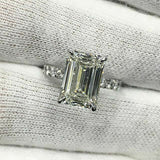 4Ct Emerald Cut Diamond Solitaire Ring 14K White Gold Finish with Round Accents