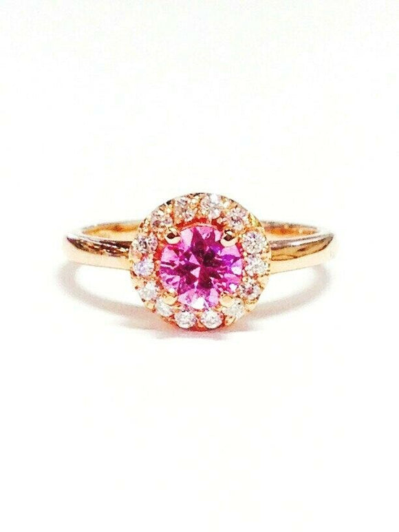 1Ct Round Cut Pink Sapphire Diamond Halo Engagement Ring 14K Rose Gold Finish