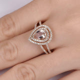 2.6ct Pear Cut Morganite Engagement Ring Dual Halo Split Shank 14k RoseGold Over