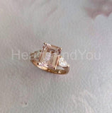 2ct Emerald Cut Simulated Peach Morganite Three Stone Ring 14k Rose Gold Plated