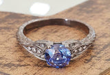 2ct Blue Sapphire Antique Inspired Solitaire with Accent Ring 14k BlackGold Over