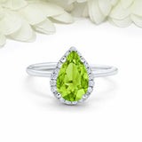 3ct Pear Cut Peridot Engagement Ring Diamond Halo Minimalist 14k White Gold Over