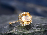 2.4ct Cushion Cut Yellow Citrine Engagement Ring Halo 14k Yellow Gold Finish