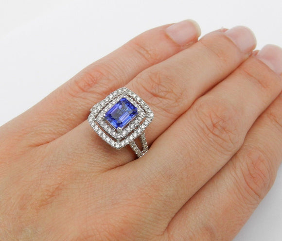 4ct Emerald Blue Tanzanite Halo Split Band Engagement Ring 14k White Gold Finish