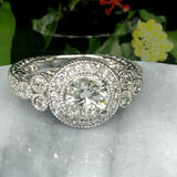 1.58ct Round Diamond Engagement Ring Halo Milgrain Vintage 14k White Gold Finish