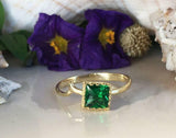 1ct Engagement Ring Princess Cut Green Emerald Crown 14k Yellow Gold Finish