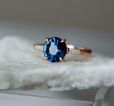 1ct Engagement Ring Round Cut Blue Sapphire Three Stone 14k Rose Gold Finish