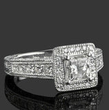 1.77ct Princess Diamond Engagement Ring Halo Milgrain Vintage 14k WhiteGold Over