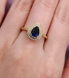 2.5ct Pear Cut Blue Sapphire Engagement Ring Double Halo 14k Yellow Gold Finish