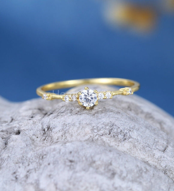 0.14ct Round Cut Moissanite Minimalist Engagement Ring 14k Yellow Gold Plated