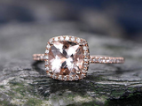 1.4ct Cushion Cut Morganite Engagement Ring Diamond Halo 14k Rose Gold Finish