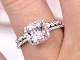 1.7ct Cushion Peach Morganite Halo Bridal Set Engagement Ring 14k WhiteGold Over