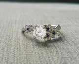 1.5ct Round Cut Diamond Blue Sapphire Floral Engagement Ring 14K White Gold Over
