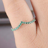 0.9ct Round Cut Green Emerald Wedding Band Curved V Shape 14k White Gold Finish