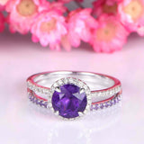 2.2ct Round Cut Purple Amethyst Engagement Ring Bridal Set 14k White Gold Finish