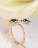1ct Pear Blue Sapphire Two Stone Open Bypass Engagement Ring 14k YellowGold Over