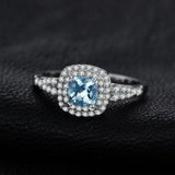 2.3ct Engagement Ring Cushion Cut Blue Aquamarine Dual Halo 14k WhiteGold Finish