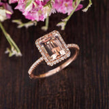 2ct Emerald Cut Peach Morganite Diamond Halo Engagement Ring 18k RoseGold Finish