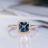 1.5ct Cushion Cut London Blue Topaz Engagement Ring Halo 14k Rose Gold Finish