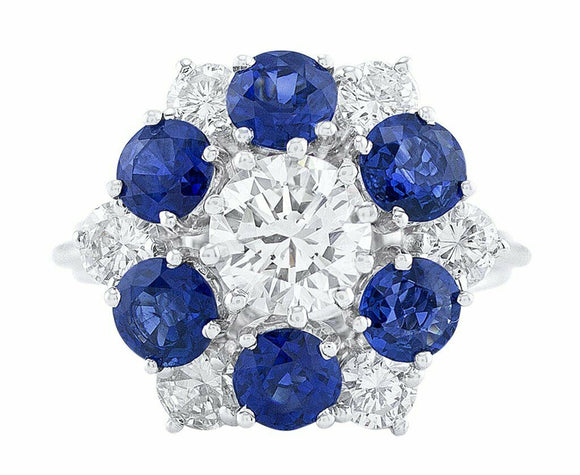 4Ct Round Cut Blue Sapphire Floral Cocktail Engagement Ring 14K White Gold Over