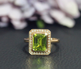 2ct Emerald Cut Green Peridot Engagement Ring 14k YellowGold Over Halo Solitaire