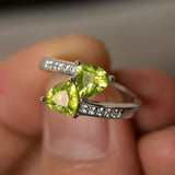 2ct Trillion Cut Green Peridot Double Stone Engagement Ring 14k WhiteGold Finish