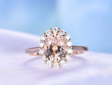 1.6ct Engagement Ring Oval Cut Peach Morganite Diamond Halo 14k Rose Gold Finish