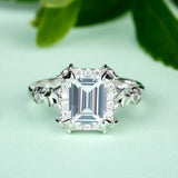 2Ct Emerald Cut Diamond Leaf Inspired Halo Engagement Ring 14K White Gold Finish