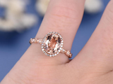 1.5ct Oval Cut Peach Morganite Engagement Ring Diamond Halo 14k Rose Gold Finish