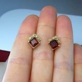 1.5ct Princess Red Garnet Square Crown Design Stud Earrings 14k Yellow Gold Over