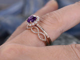 3Ct Round Purple Amethyst Bridal Set Floral Ring Infinity Band 14K RoseGold Over
