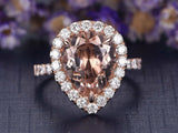 1.5ct Pear Cut Peach Morganite Engagement Ring Diamond Halo 14k Rose Gold Finish