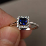 1.3ct Princess Blue Sapphire Halo Solitaire Engagement Ring 14k White Gold Over