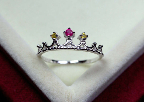 0.15ct Engagement Ring Round Cut Pink Ruby Princess Crown 14k White Gold Finish