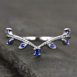 0.5ct Wedding Band Round Cut Blue Sapphire Curved Leaf Bridal 14k WhiteGold Over