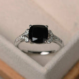 0.7ct Cushion Cut Black Diamond Solitaire Filigree Ring 14k White Gold Finish