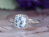 2.2ct Cushion Cut Blue Aquamarine Engagement Ring Halo 14k White Gold Finish