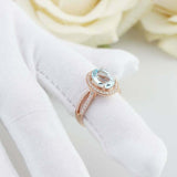 2.5ct Oval Cut Blue Aquamarine Ring Diamond Halo Split Shank 14k RoseGold Finish