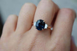 2.7ct Engagement Ring Oval Cut Blue Sapphire Three Stone 14k Rose Gold Finish