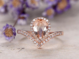 2ct Pear Cut Morganite Engagement Ring Curved V Shape Halo 14k Rose Gold Finish