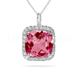 2ct Cushion Cut Simulated Pink Sapphire Halo Pendant with Chain 14k Gold Plated