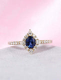 1ct Oval Cut Blue Sapphire Engagement Ring Halo 14k YellowGold Over Round Accent