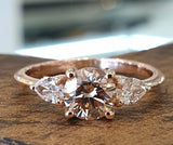 1.6ct Round Cut Champagne Diamond Pear Accent Trilogy Ring 14k Rose Gold Finish