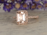 1.6ct Emerald Cut Peach Morganite Halo Diamond Accents Ring 14k Rose Gold Finish