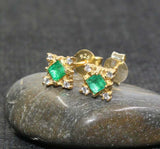 1.5ct Stud Earrings Princess Cut Emerald Vintage Inspired 14k Yellow Gold Finish