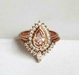 2.5ct Pear Peach Morganite Engagement Ring 14k RoseGold Over Curved Bridal Set