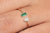 0.5ct Baguette Cut Green Emerald Two Stone Minimalist Ring 14k YellowGold Finish