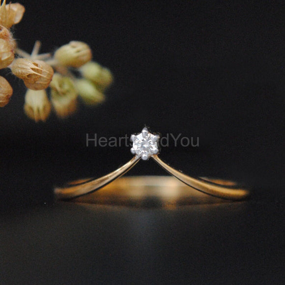 0.05ct Round Cut Moissanite Minimal Tiara Chevron Ring 14K Yellow Gold Plated